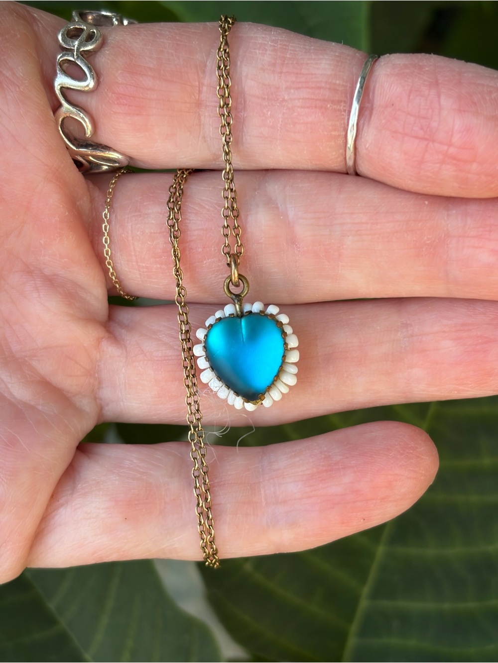 Antique Double Sided Frost Glass Pendant/Milk Glass Seed Beads SHORT/CHOKERSTYLE